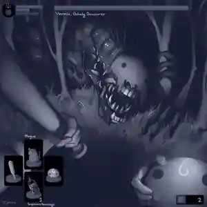 You find yourself fighting an unholy monster while holding Jeeby Beeby. The point of view is from a first person video game with a HUD.