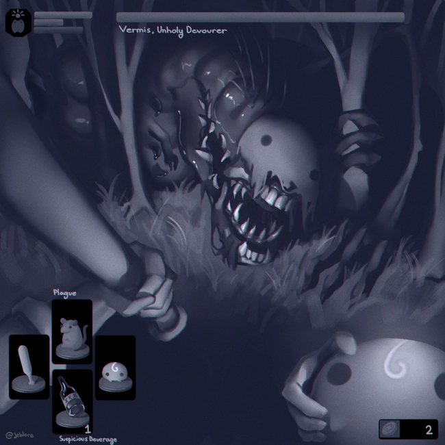 You find yourself fighting an unholy monster while holding Jeeby Beeby. The point of view is from a first person video game with a HUD.