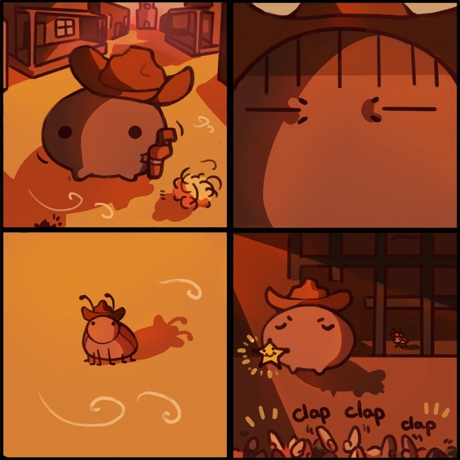 Jeb the Sheriff arrests an innocent bug. He is proud of restoring law and order to his town, proudly displaying his sheriff badge with the bug behind bars.