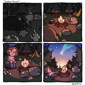 The beast is slain. You find a campfire. You find Jeb toasting marshmallows. He reunites with his cousin and they hug. Everyone then looks into the sky, enjoying a shooting star together as dawn approaches.