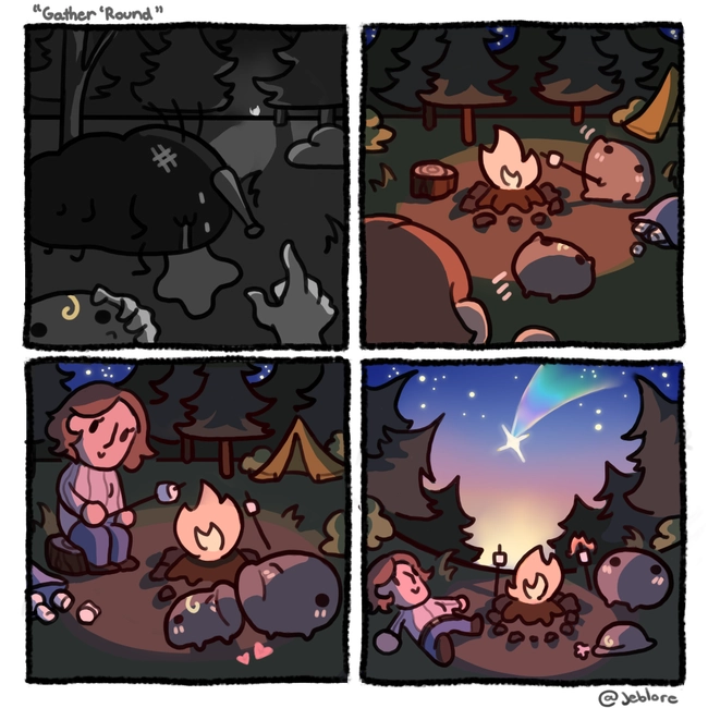 The beast is slain. You find a campfire. You find Jeb toasting marshmallows. He reunites with his cousin and they hug. Everyone then looks into the sky, enjoying a shooting star together as dawn approaches.