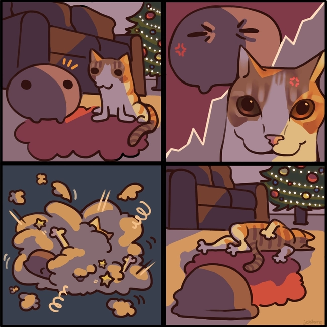 Jeb and Machi the cat get angry at each other, fight and are both left defeated