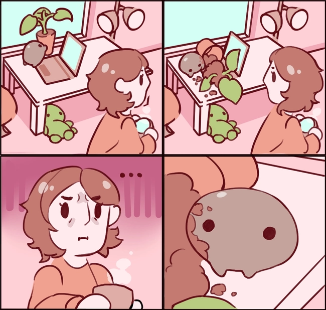 Jeb knocks over a pot and stares at you