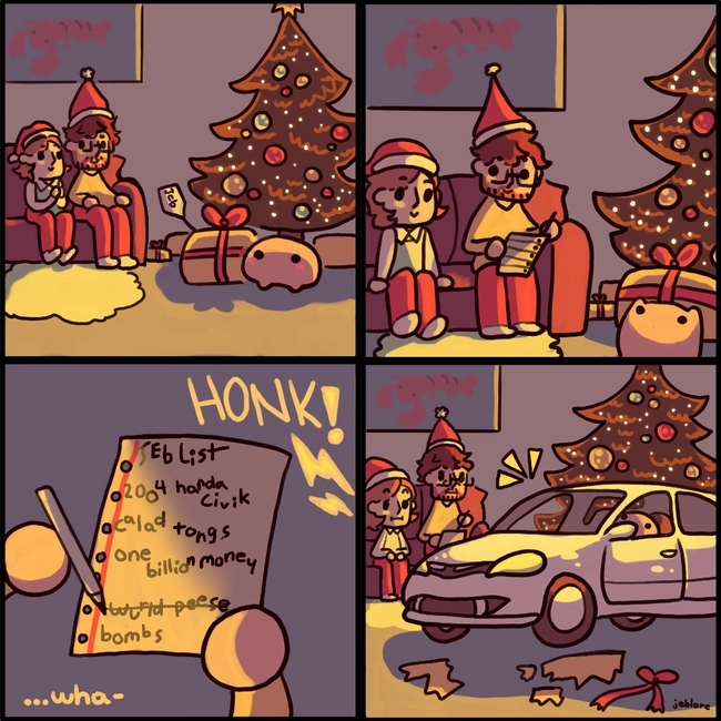 Jeb opens a normal-sized gift, which turns out to be a car.