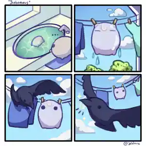 Jeeby Beeby is put on the clothesline to dry out. A raven comes by and picks out his sole hair.