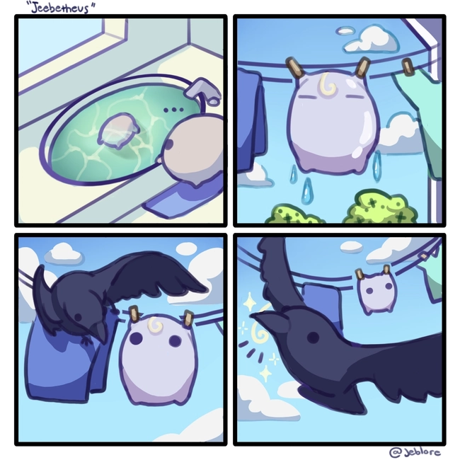 Jeeby Beeby is put on the clothesline to dry out. A raven comes by and picks out his sole hair.