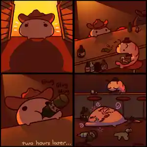 Jeb goes into the saloon and gets drunk. He is wasted and others have drawn doodles on his face