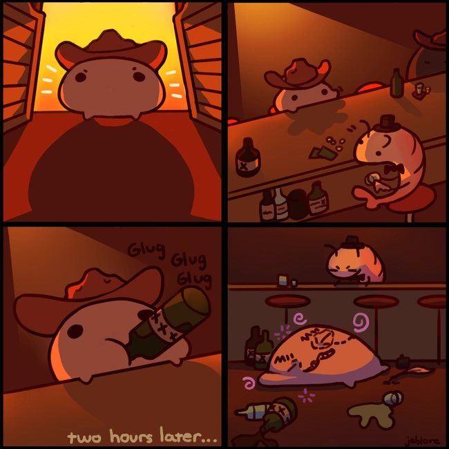 Jeb goes into the saloon and gets drunk. He is wasted and others have drawn doodles on his face