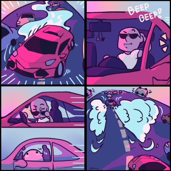 Jeb out speeds a fast race car in his Honda Civic.